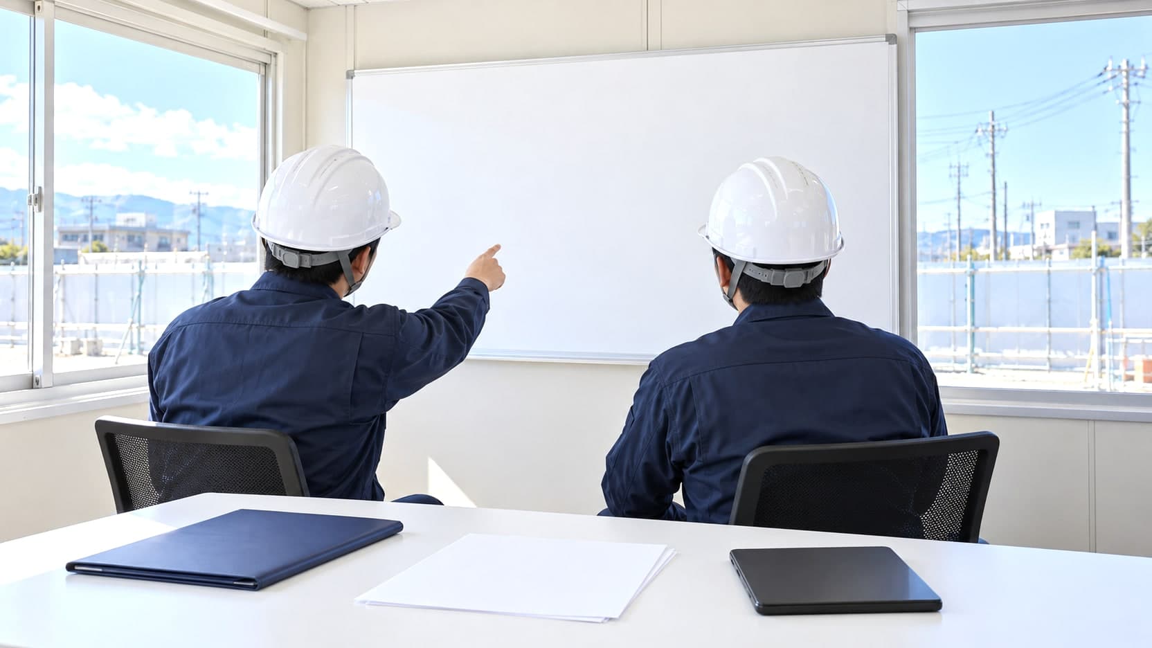 現場事務所で作業前の確認事項を話し合う職長と担当者の後ろ姿のイメージ。