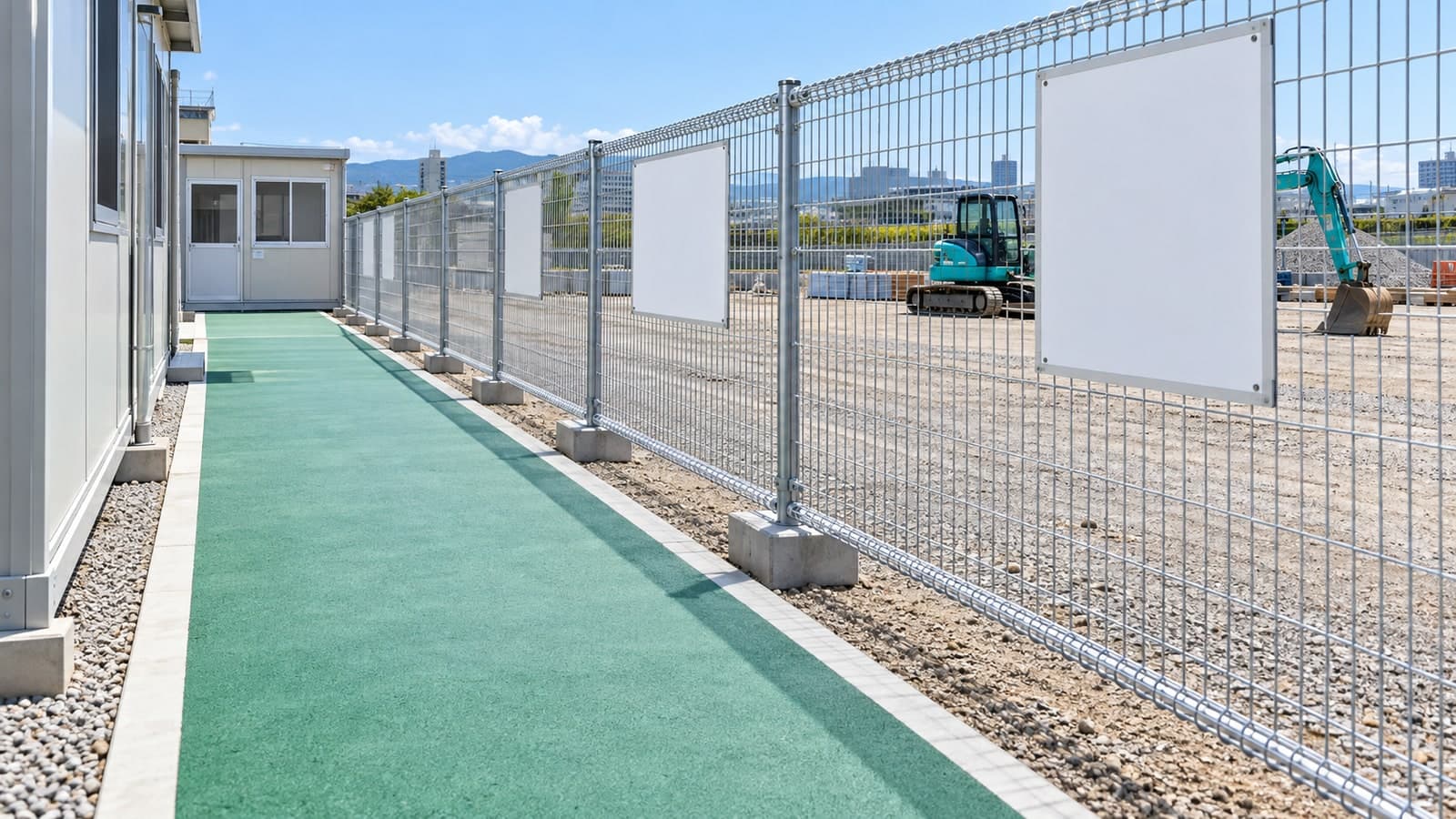 フェンスで車両側と分けられた通路と、奥の現場事務所のイメージ。通行経路を説明する場所の例。