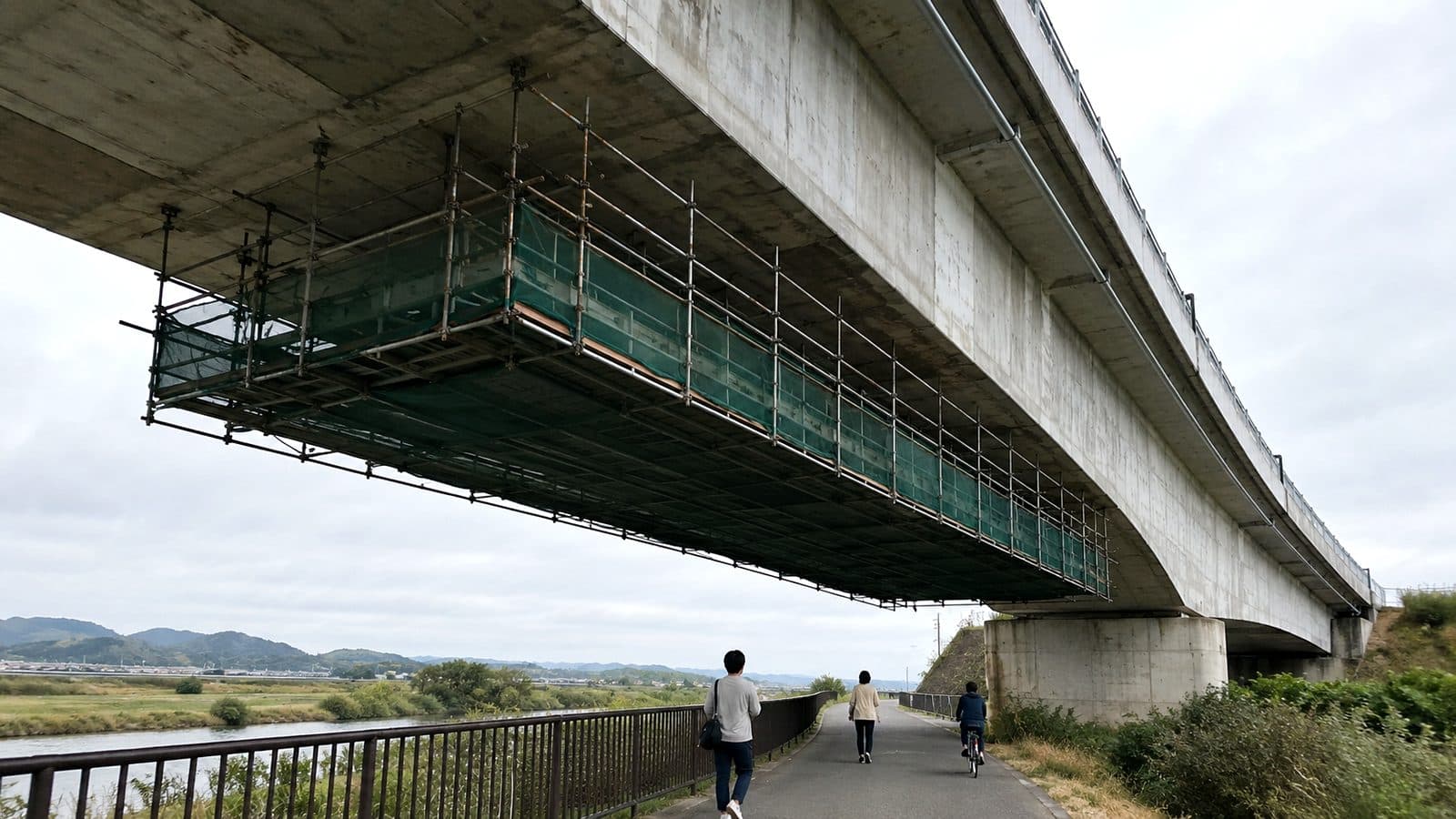 河川敷の遊歩道から見上げた、吊り足場が組まれた道路橋の桁下のイメージ