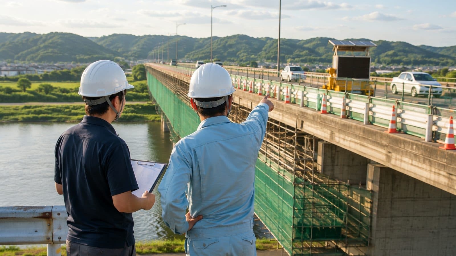 補修中の橋のたもとで現場担当者と打ち合わせをする営業担当のイメージ