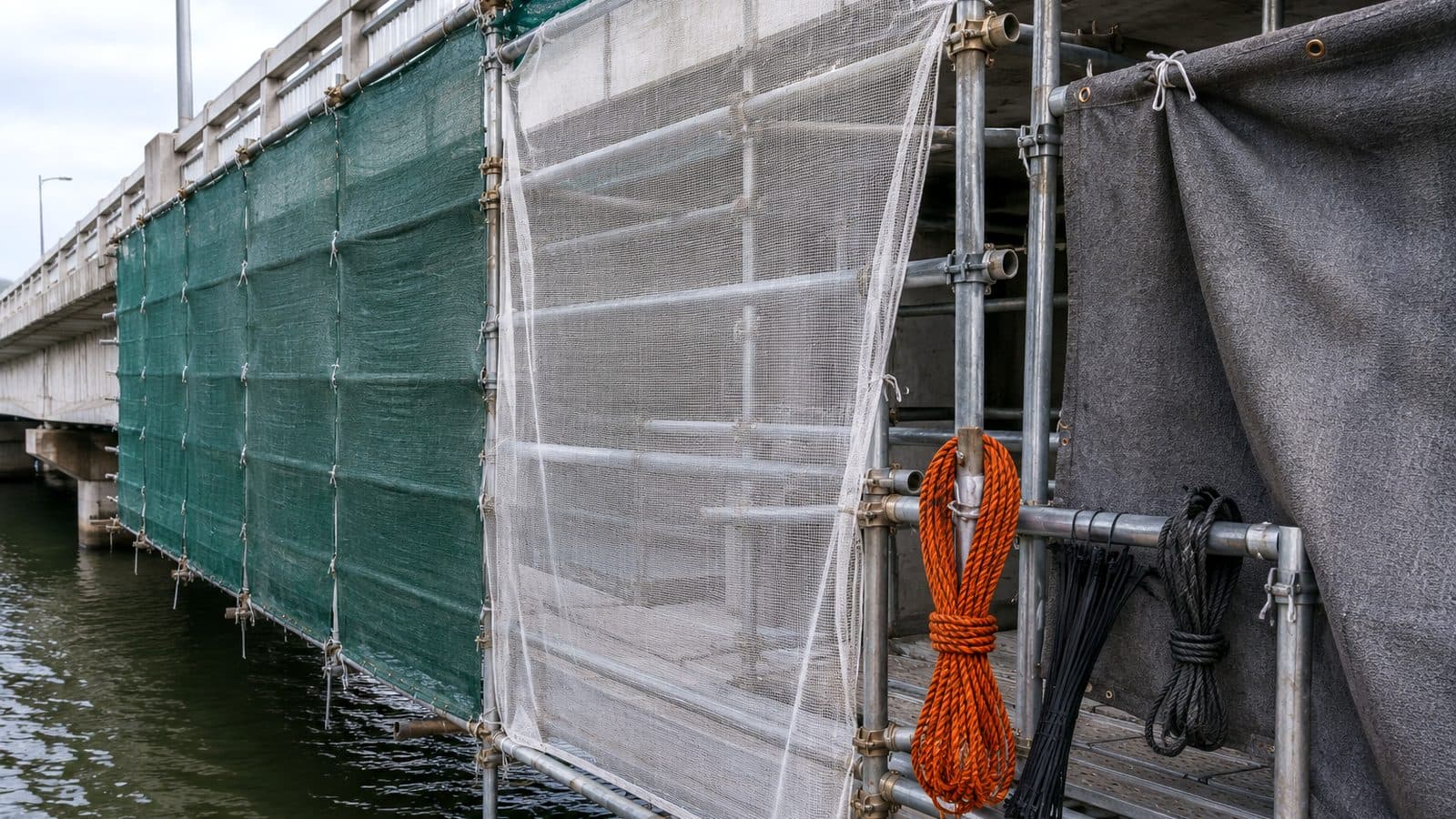橋桁の足場を防炎メッシュシートと飛散防止ネットで覆い、防炎シートを掛けた橋梁工事現場のイメージ