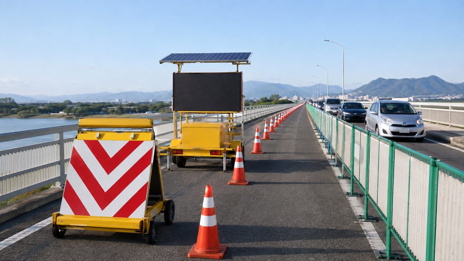橋の上で片側車線を規制し、矢印板と電光標示板で予告している橋梁補修工事のイメージ