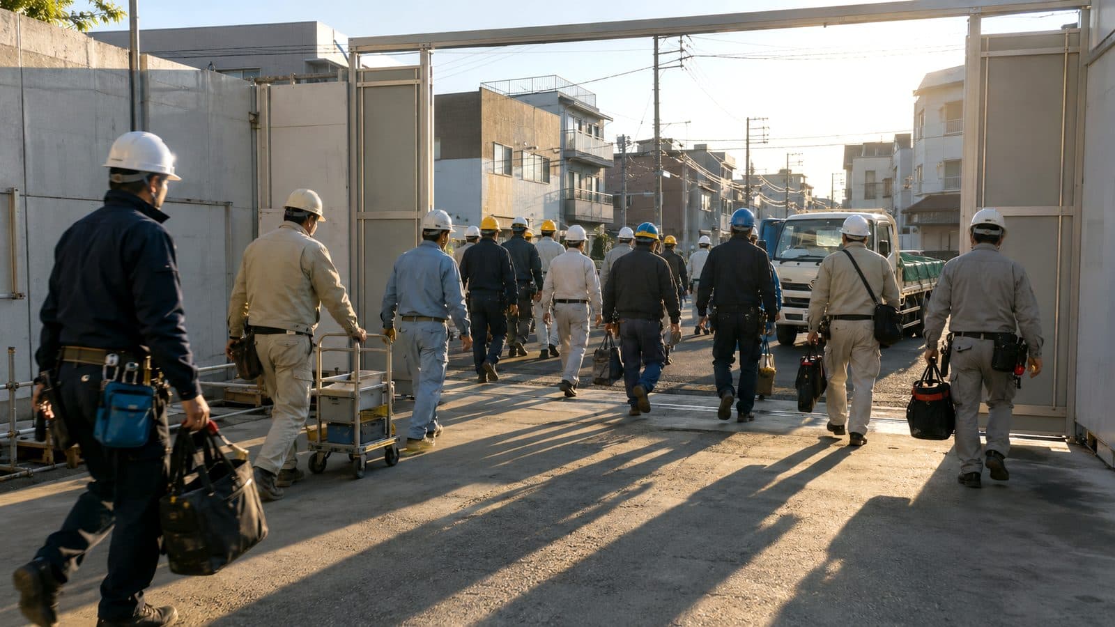 朝の入場時間に多くの協力会社の作業員がゲートから入場していく建築現場のイメージ