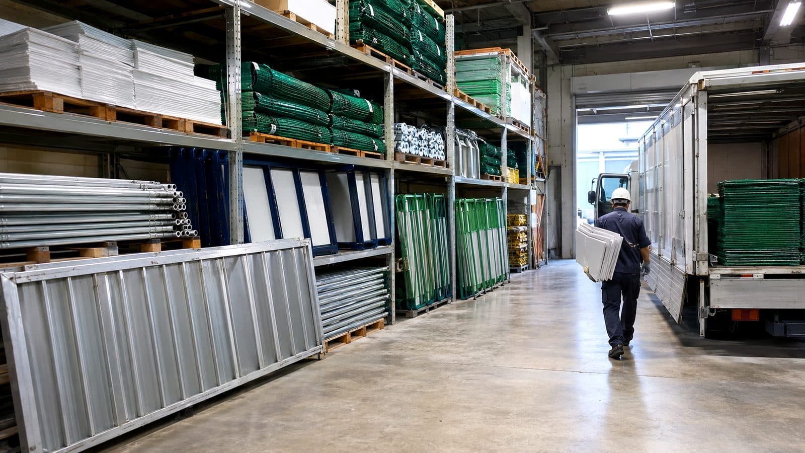 規制材や掲示用品の出荷準備をする倉庫のイメージ