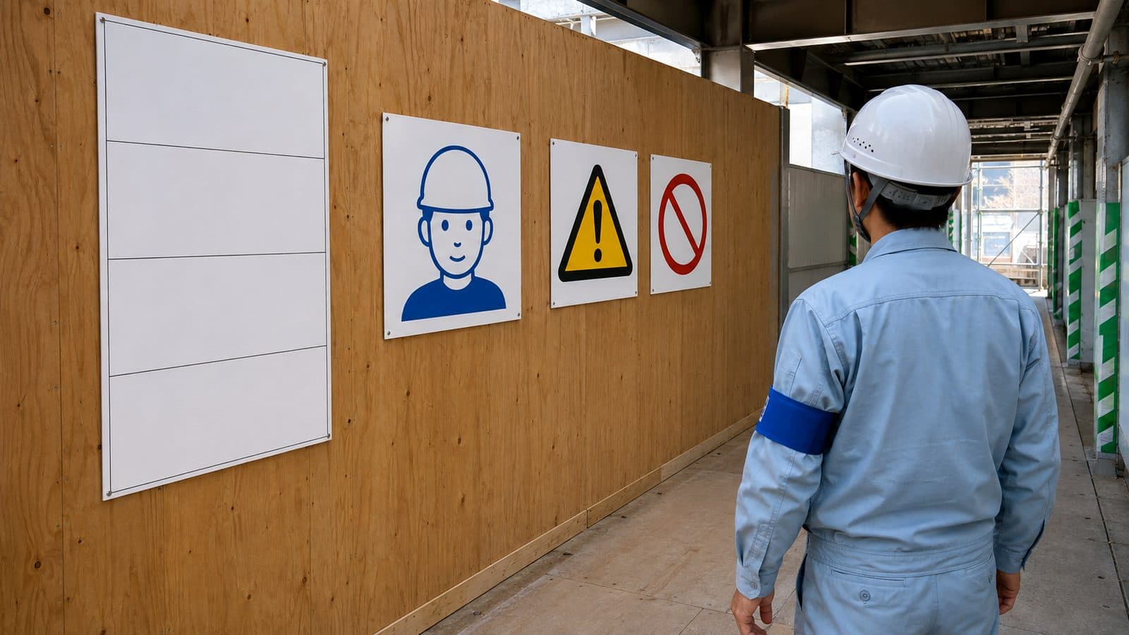 多言語標識とイラスト標識、JIS安全標識を並べて掲示した建築現場の通路のイメージ