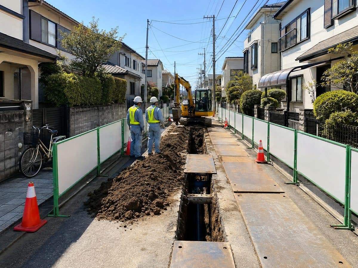 住宅街の生活道路を掘削して水道管を布設している上下水道工事現場のイメージ