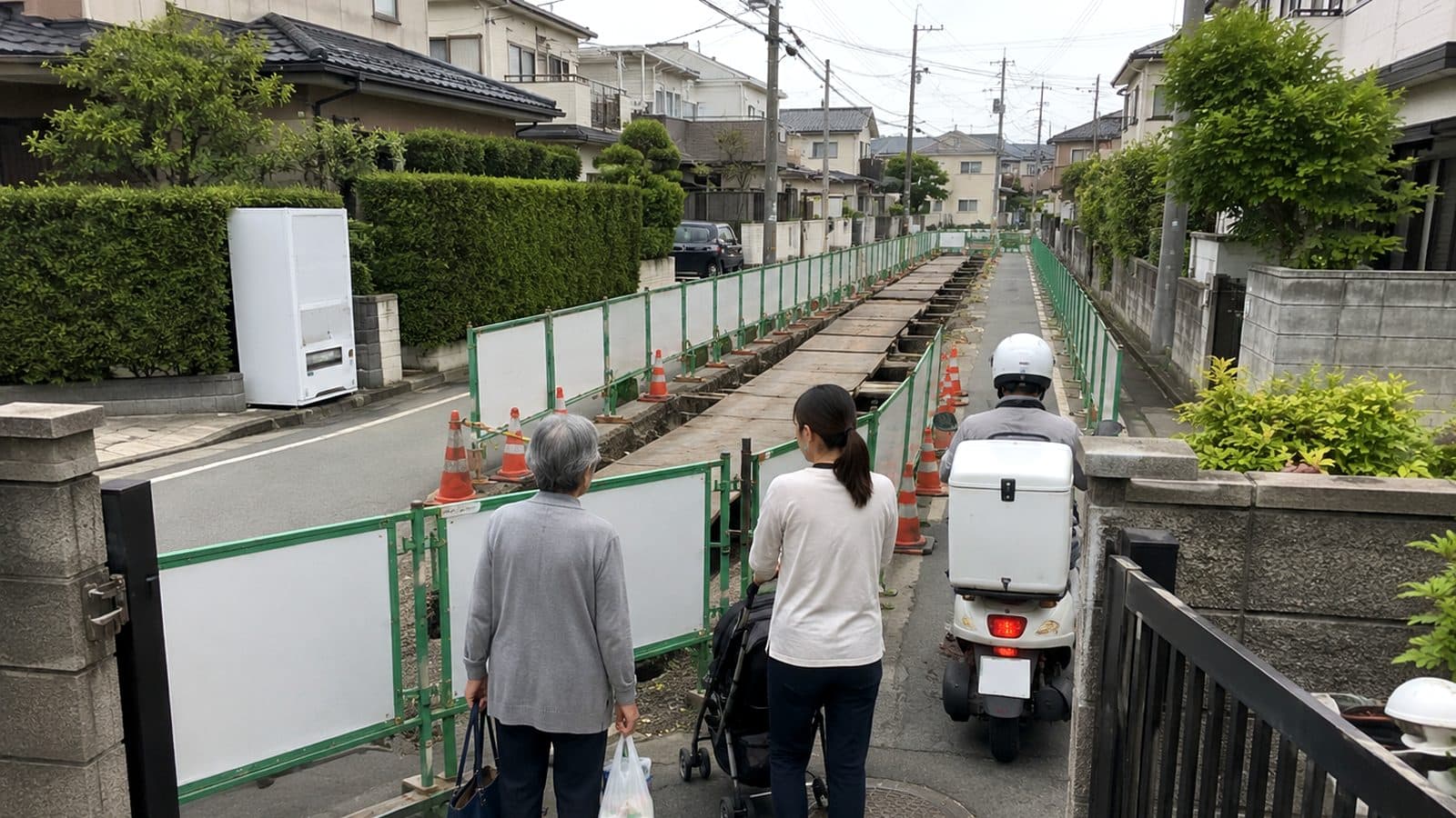 管工事で片側をふさがれた生活道路を、住民が狭い通路で待っている様子のイメージ