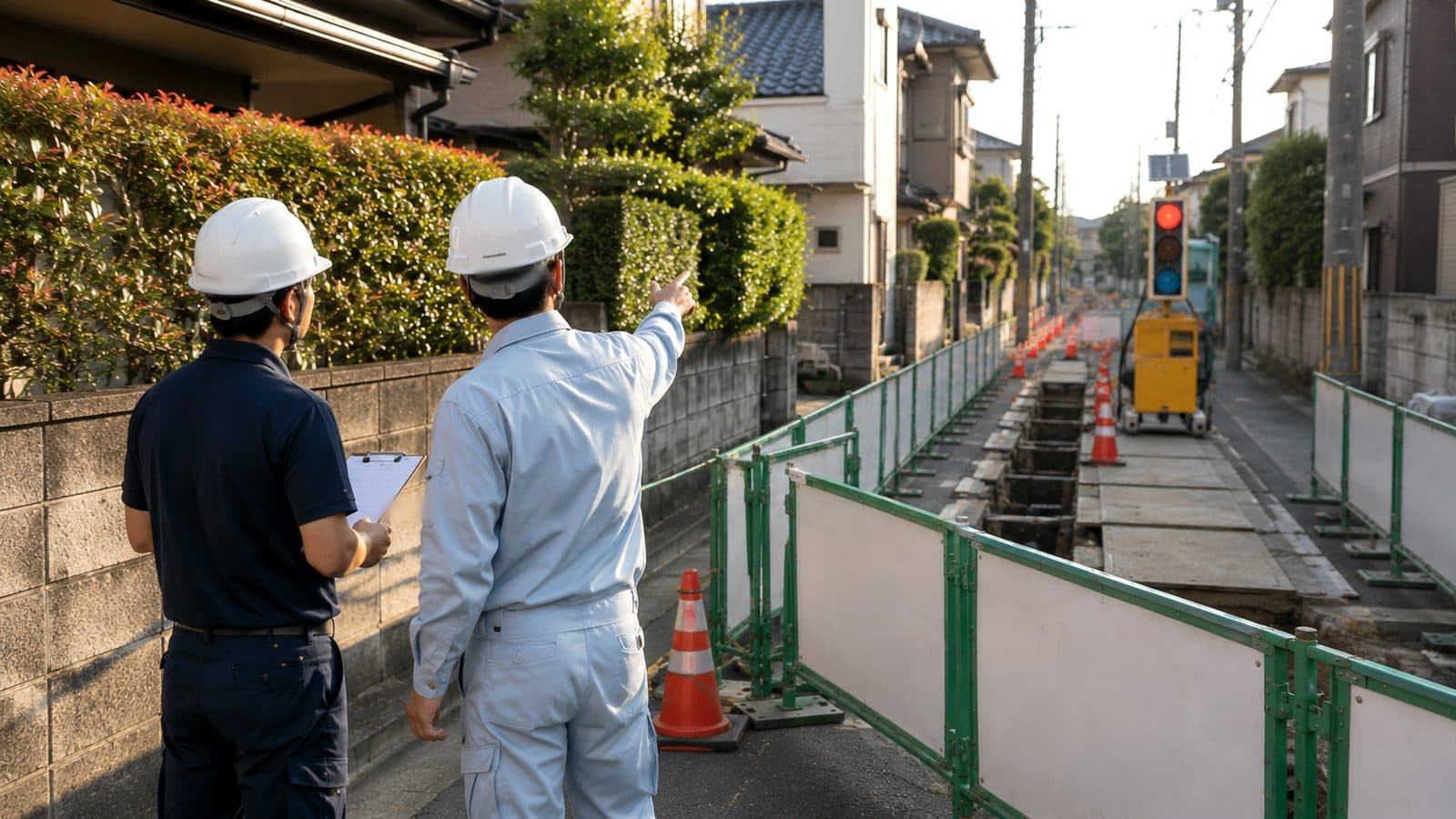 生活道路の管工事現場で規制の組み方を現場担当者と打ち合わせる営業担当のイメージ