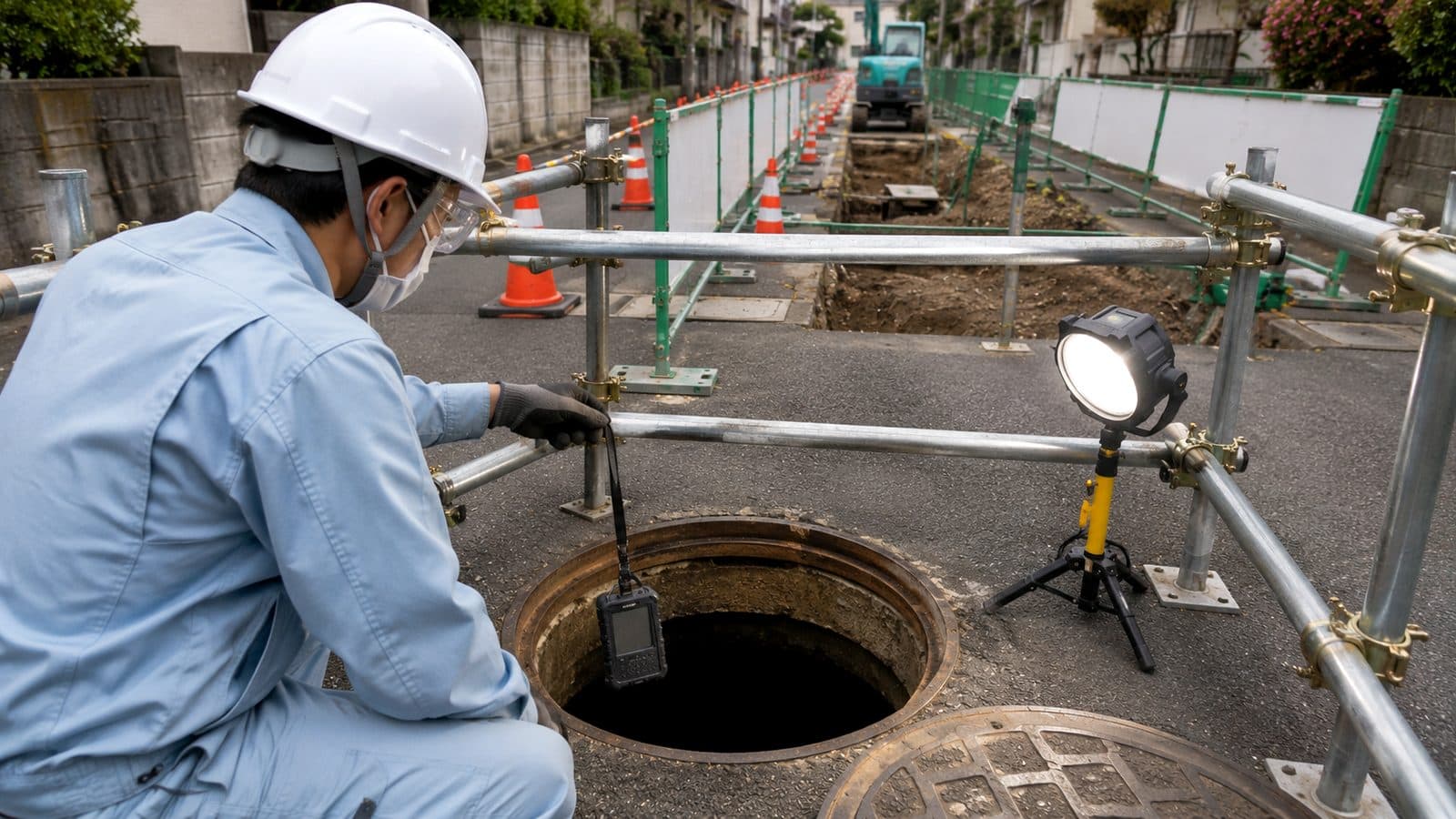マンホールに入る前にガス検知器を降ろして測定し、投光器と仮設手すりを設置した管工事現場のイメージ