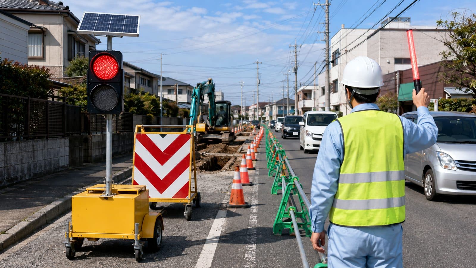 ソーラー式の工事用信号機と矢印板で片側交互通行を規制し、誘導員が合図灯を掲げている管工事現場のイメージ