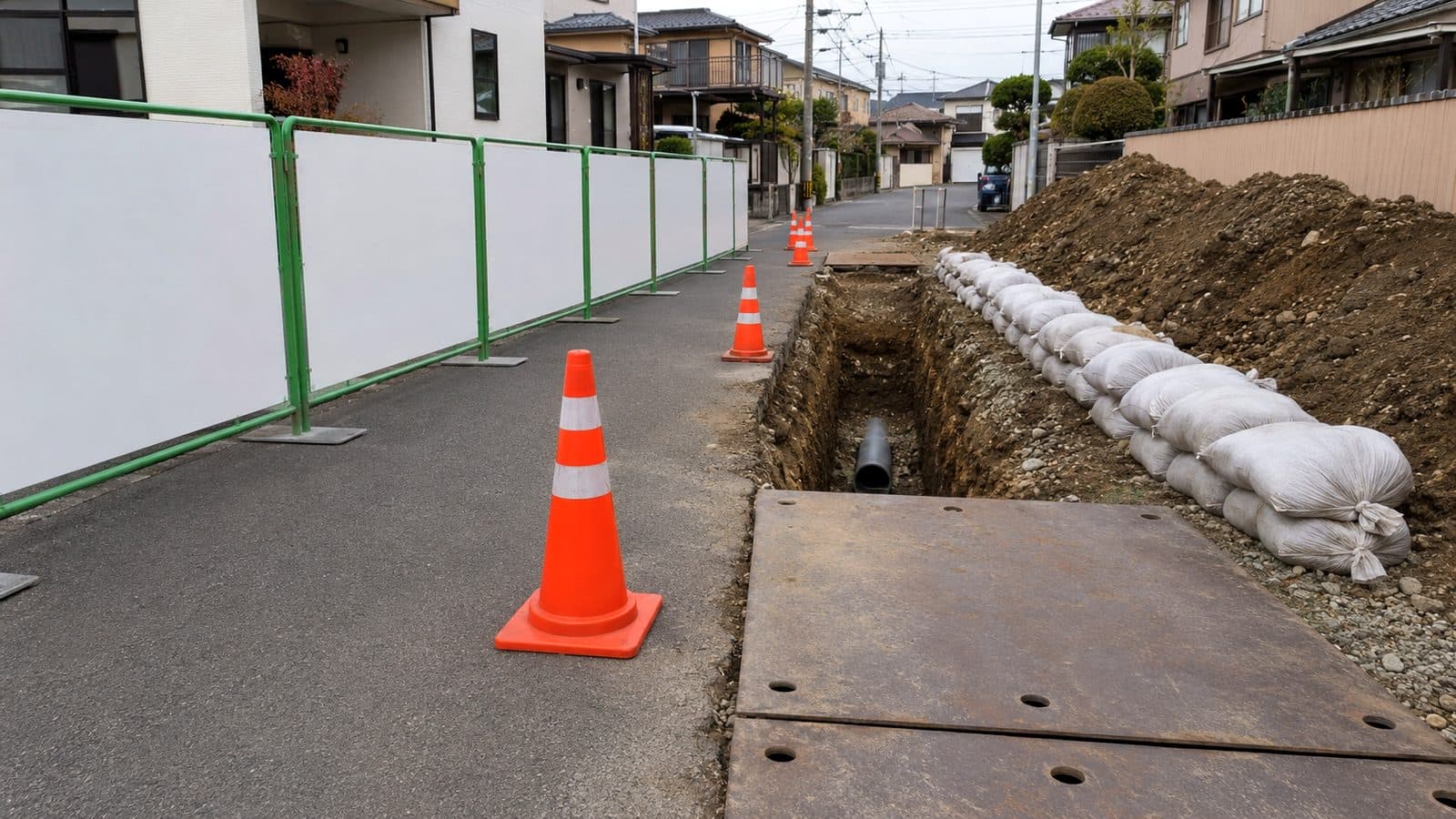 生活道路の掘削部をガードフェンスとカラーコーンで仕切り、土のうと敷鉄板を配置した管工事現場のイメージ