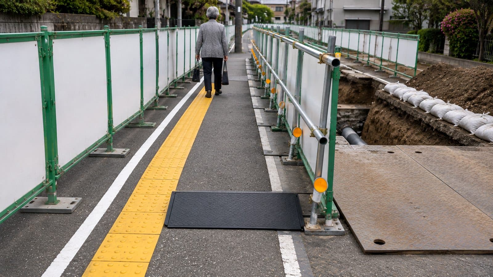 仮設の歩行者通路に点字タイルと区画線を敷き、段差プレートと視線誘導標を設置した管工事現場のイメージ