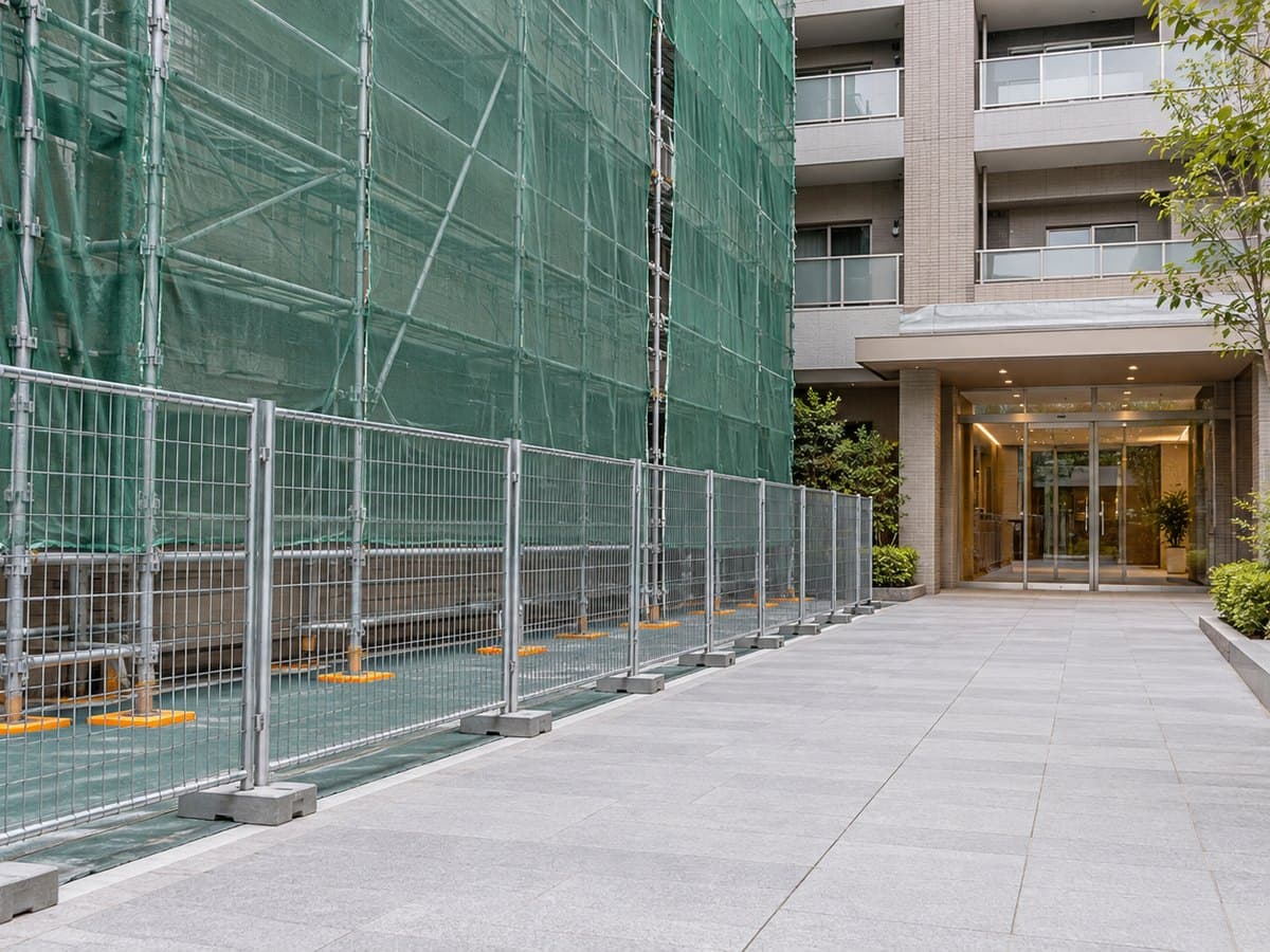 改修中の建物で仮設フェンスにより工事区画と入口への通路を分けたイメージ