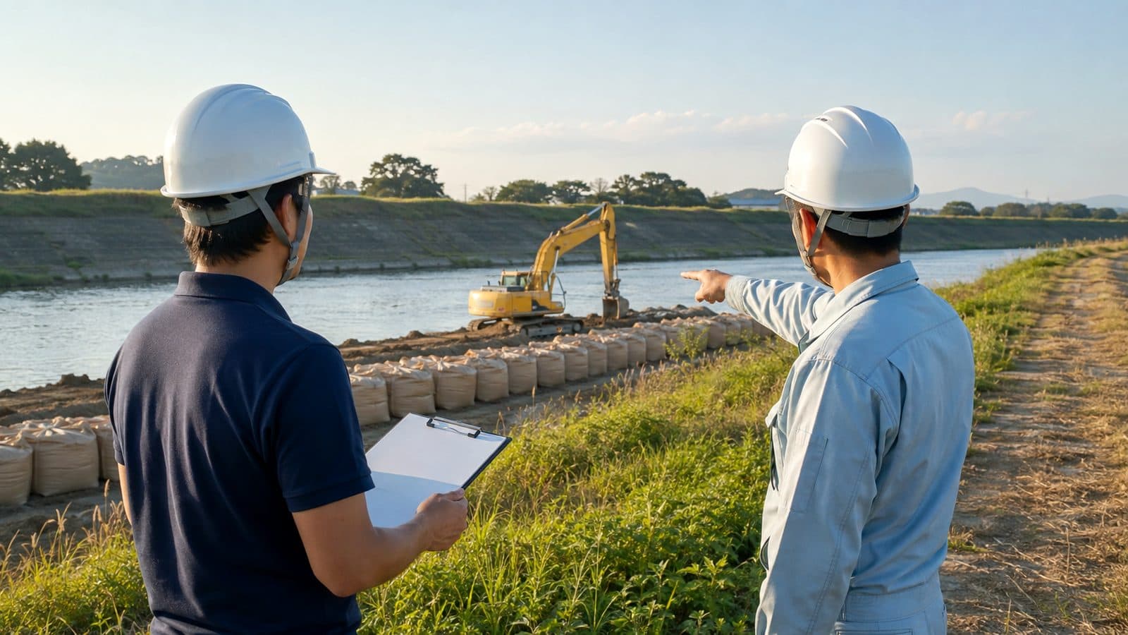 河川敷で仮締切を前に現場担当者と打ち合わせをする営業担当のイメージ