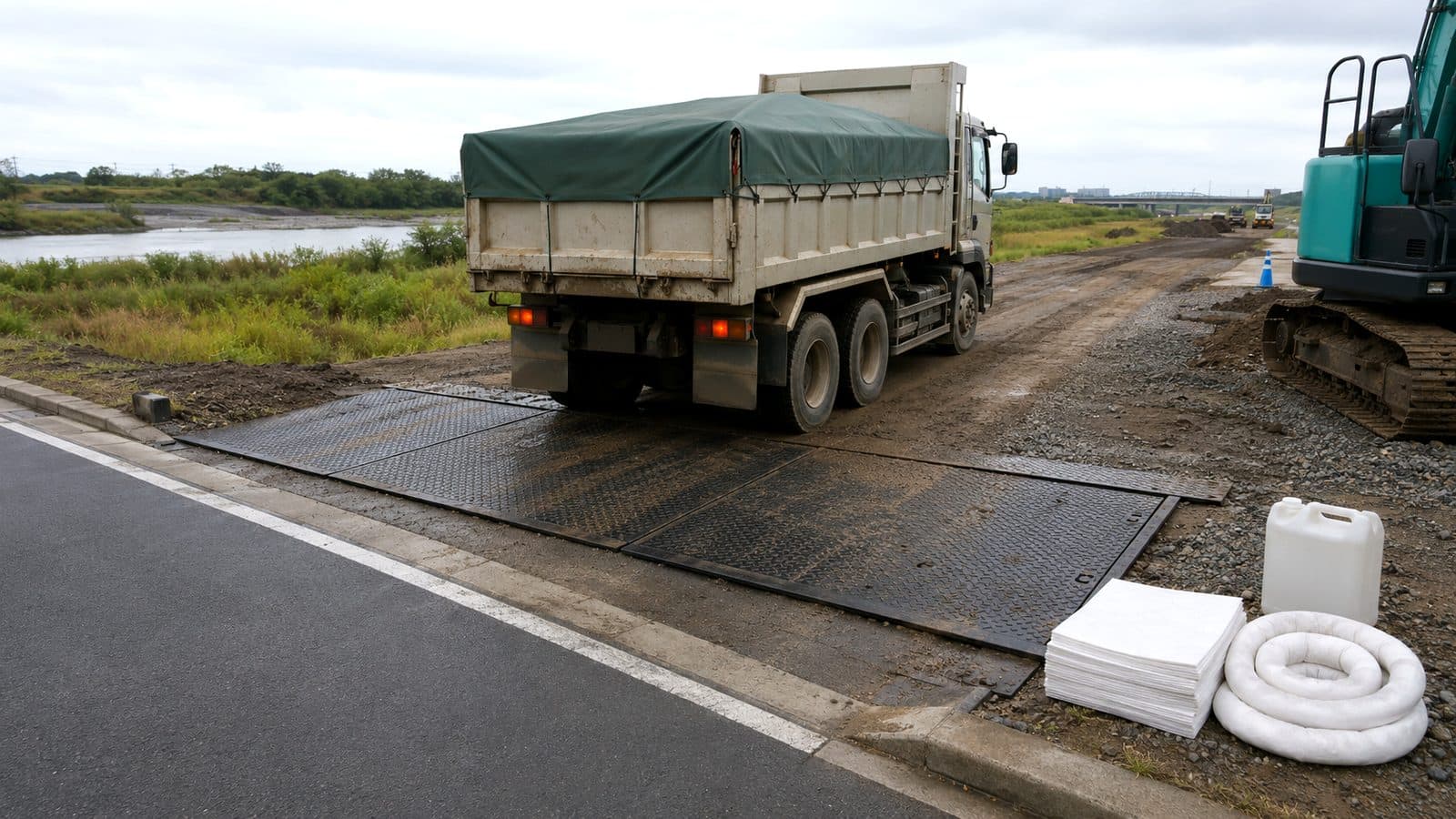荷台にカバーを掛けたダンプトラックが敷板を敷いた乗り入れ口から公道へ出ていく河川工事現場のイメージ