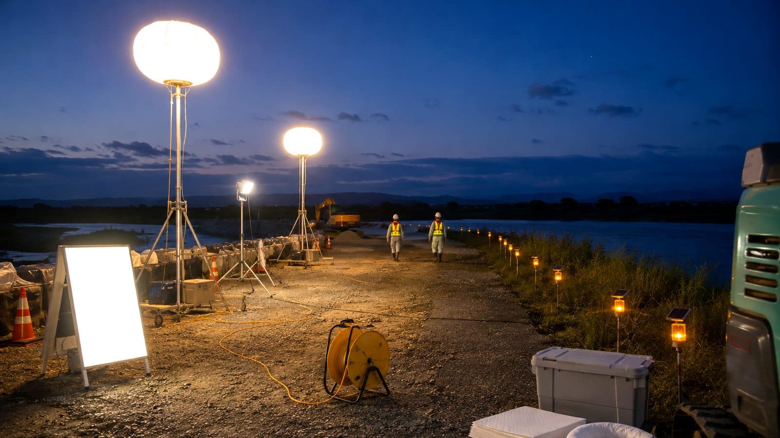 夕暮れの河川敷でバルーン照明と投光器を点け、ソーラー式保安灯で通路を示している河川工事現場のイメージ
