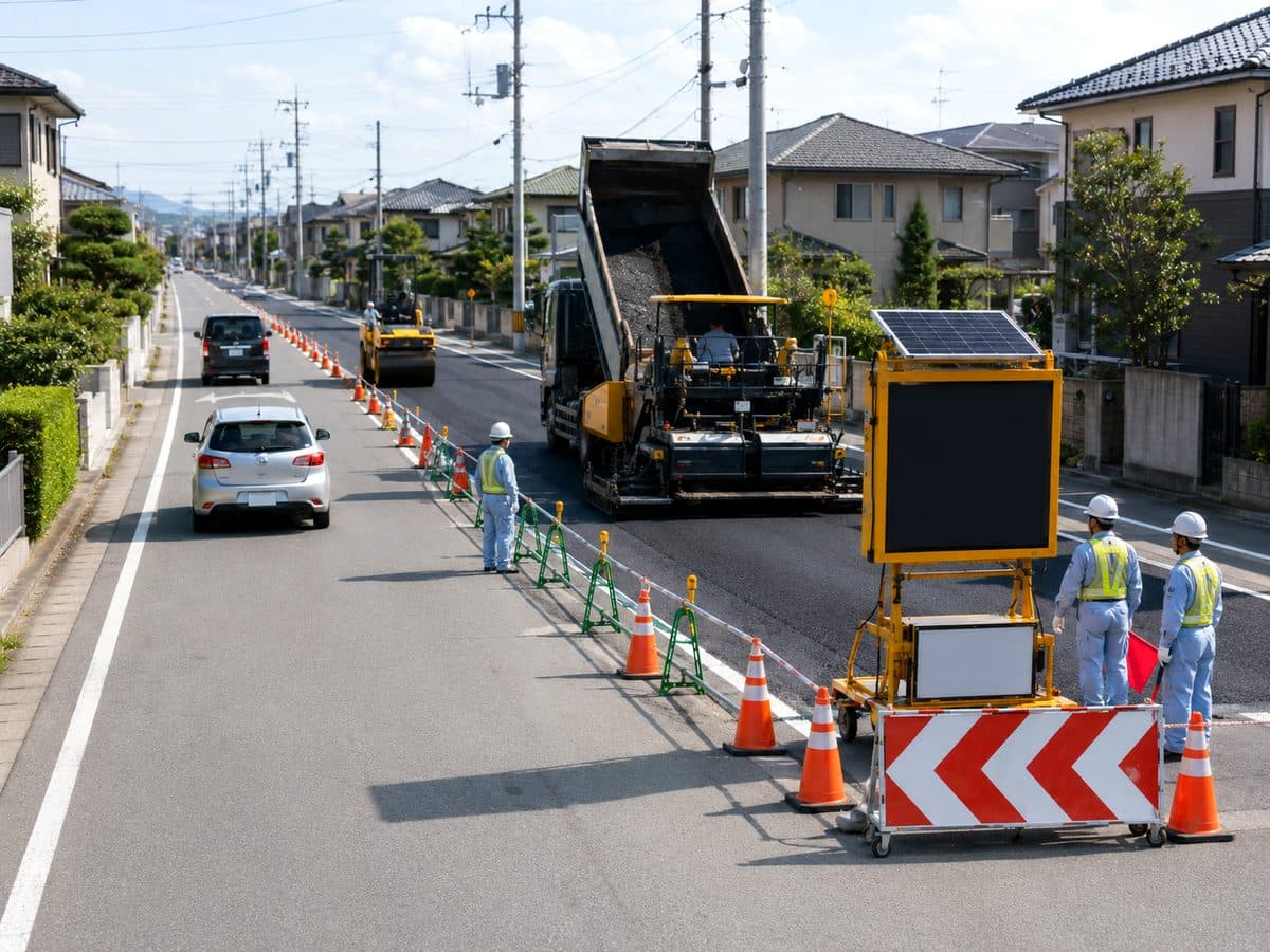 住宅街の道路舗装工事で規制帯を敷き、交通誘導員が片側交互通行を捌いている現場のイメージ