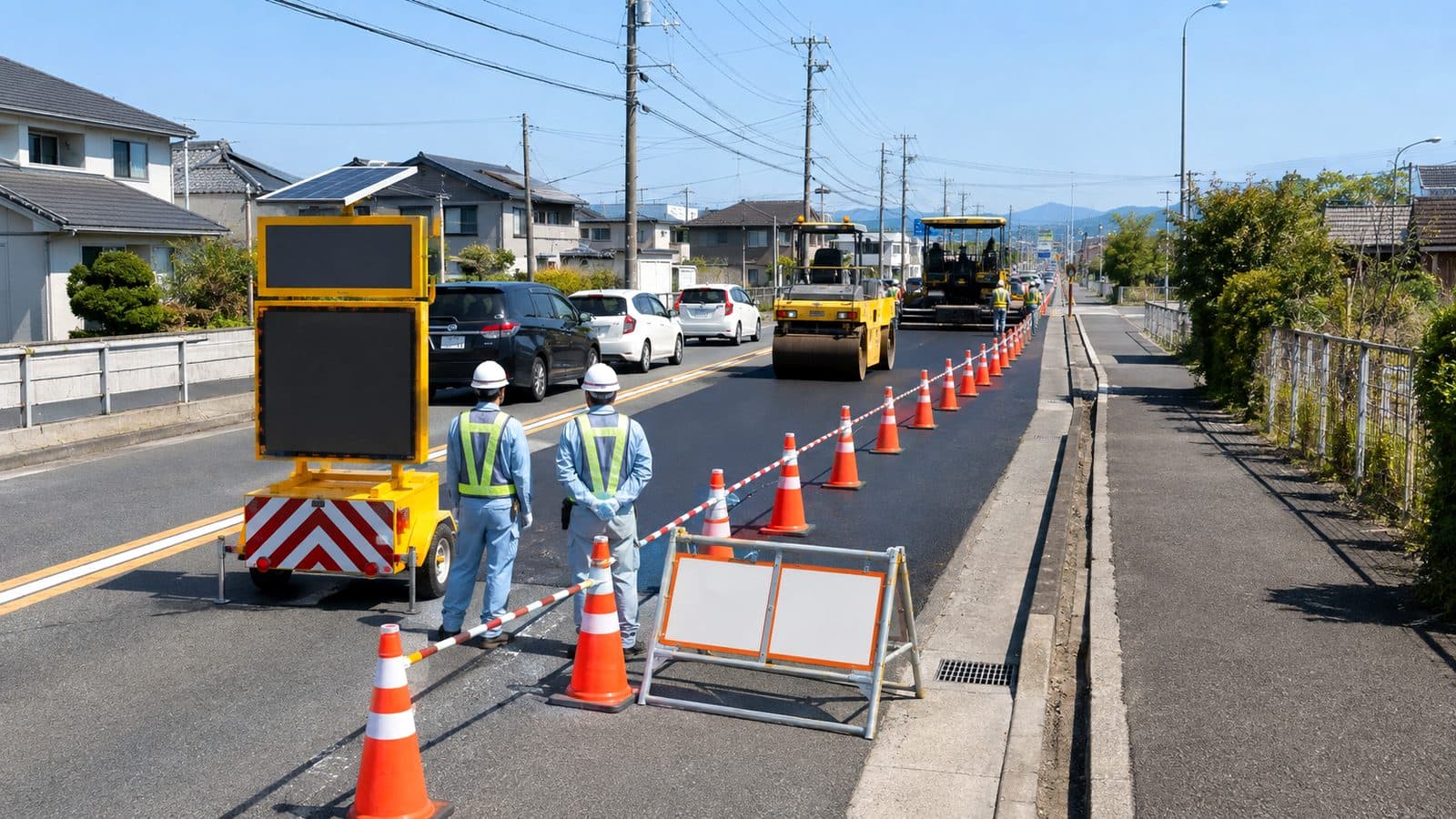 生活道路で片側交互通行の規制を敷き、通行車両が待機している道路工事現場のイメージ