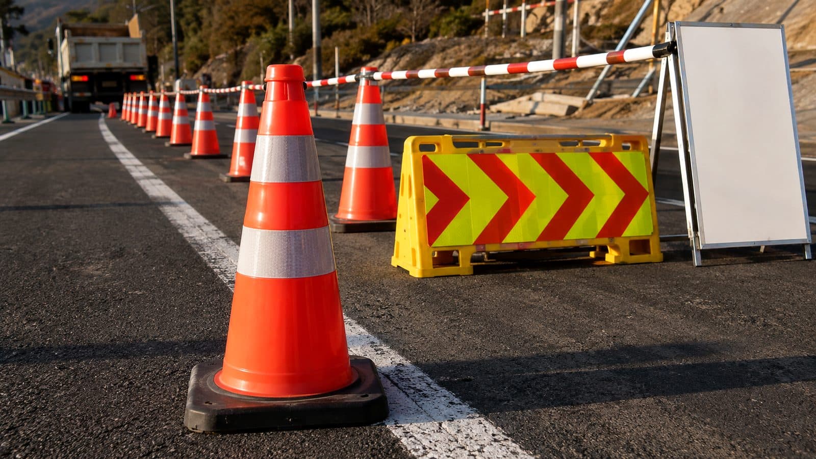カラーコーンとコーンバー、樹脂バリケードで規制帯の入口をつくった道路工事現場のイメージ