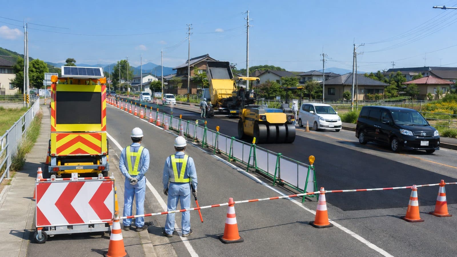 ソーラー式電光標示板と矢印板で車線規制を予告している道路舗装工事現場のイメージ