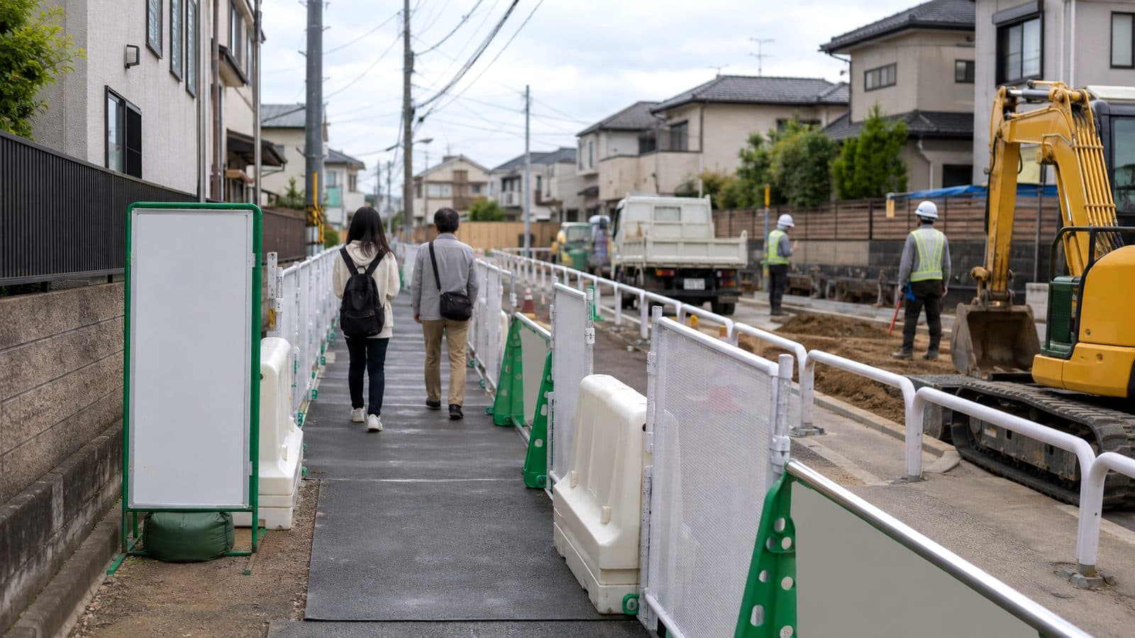 仮設の歩行者通路をガードフェンスと樹脂バリケードで工事帯から分離した現場のイメージ