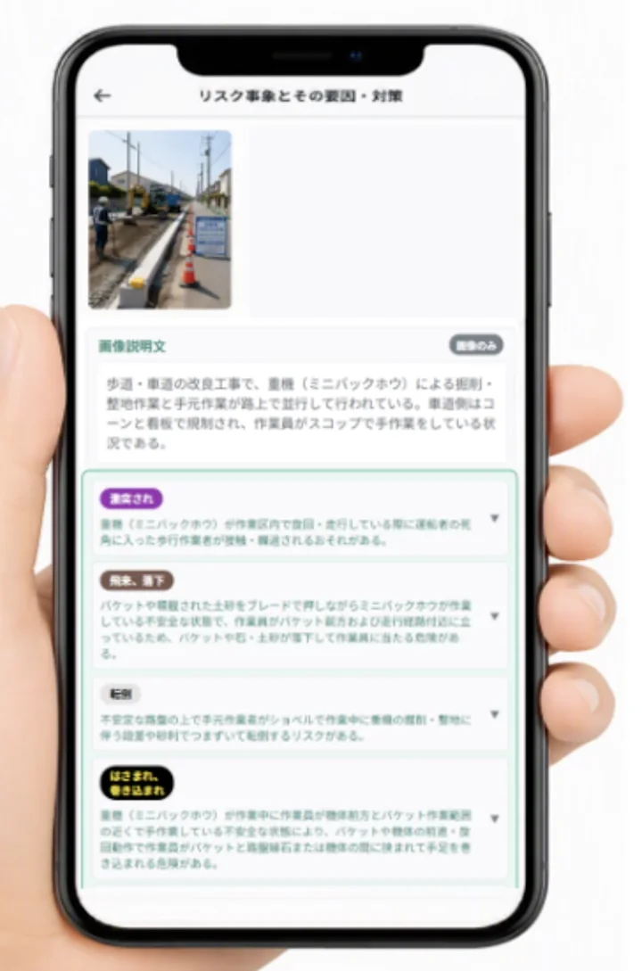 D.D safe Ai のスマートフォン画面。撮影した写真の説明文と、災害の型ごとに検出されたリスク事象が一覧で表示されている