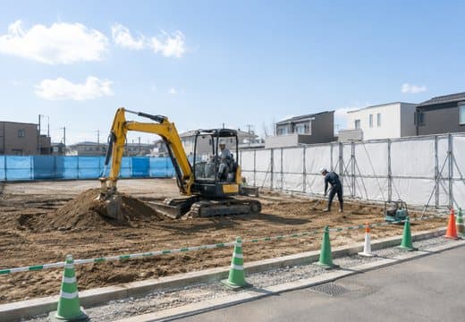仮囲いとカラーコーンで囲われた、掘削がはじまったばかりの建設現場