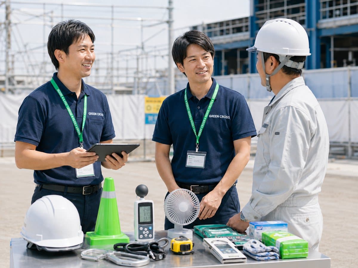 建設現場で、安全用品や熱中症対策用品を前に現場監督と打ち合わせをするグリーンクロスのスタッフ