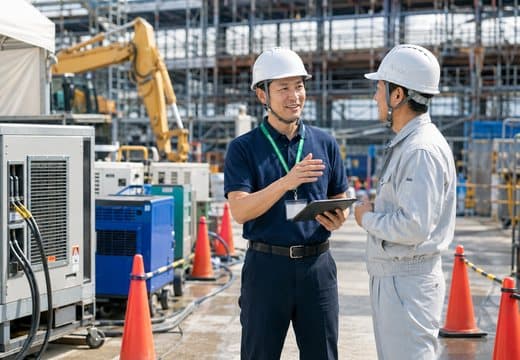 稼働中の建設現場で打ち合わせをするグリーンクロスの営業と現場担当者