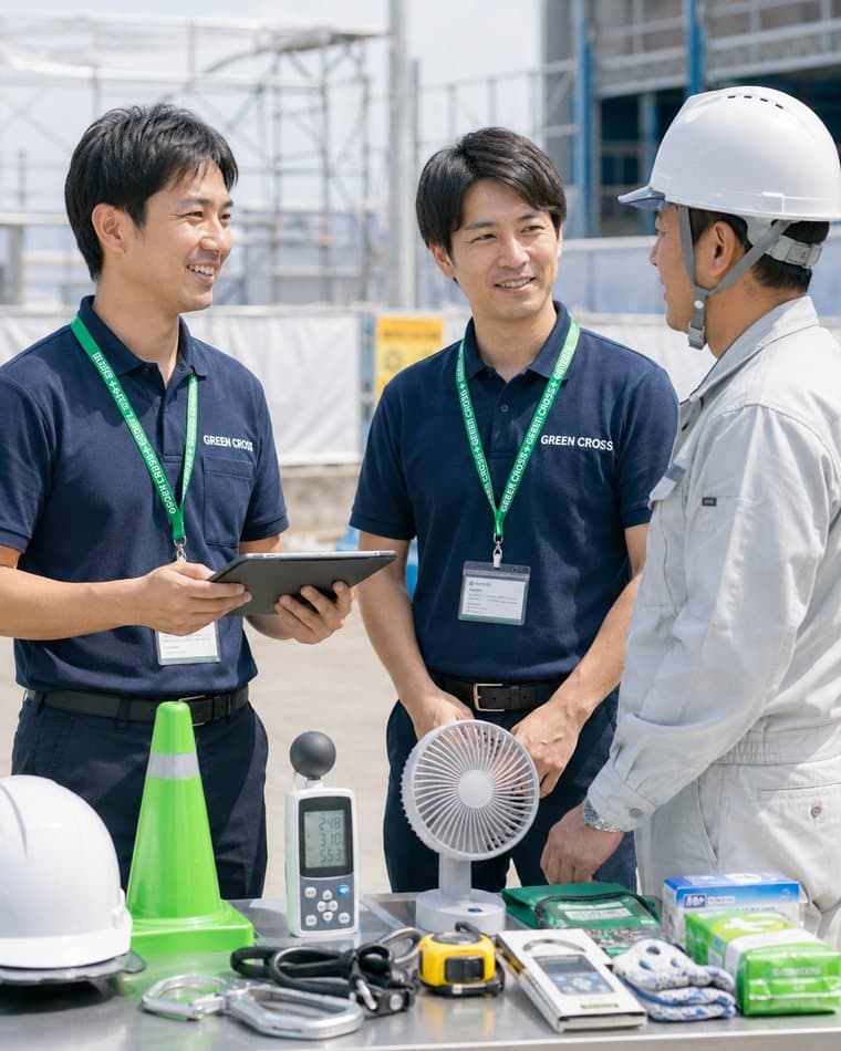 建設現場で安全用品や熱中症対策用品を並べ、現場監督と打ち合わせをするグリーンクロスのスタッフ2名
