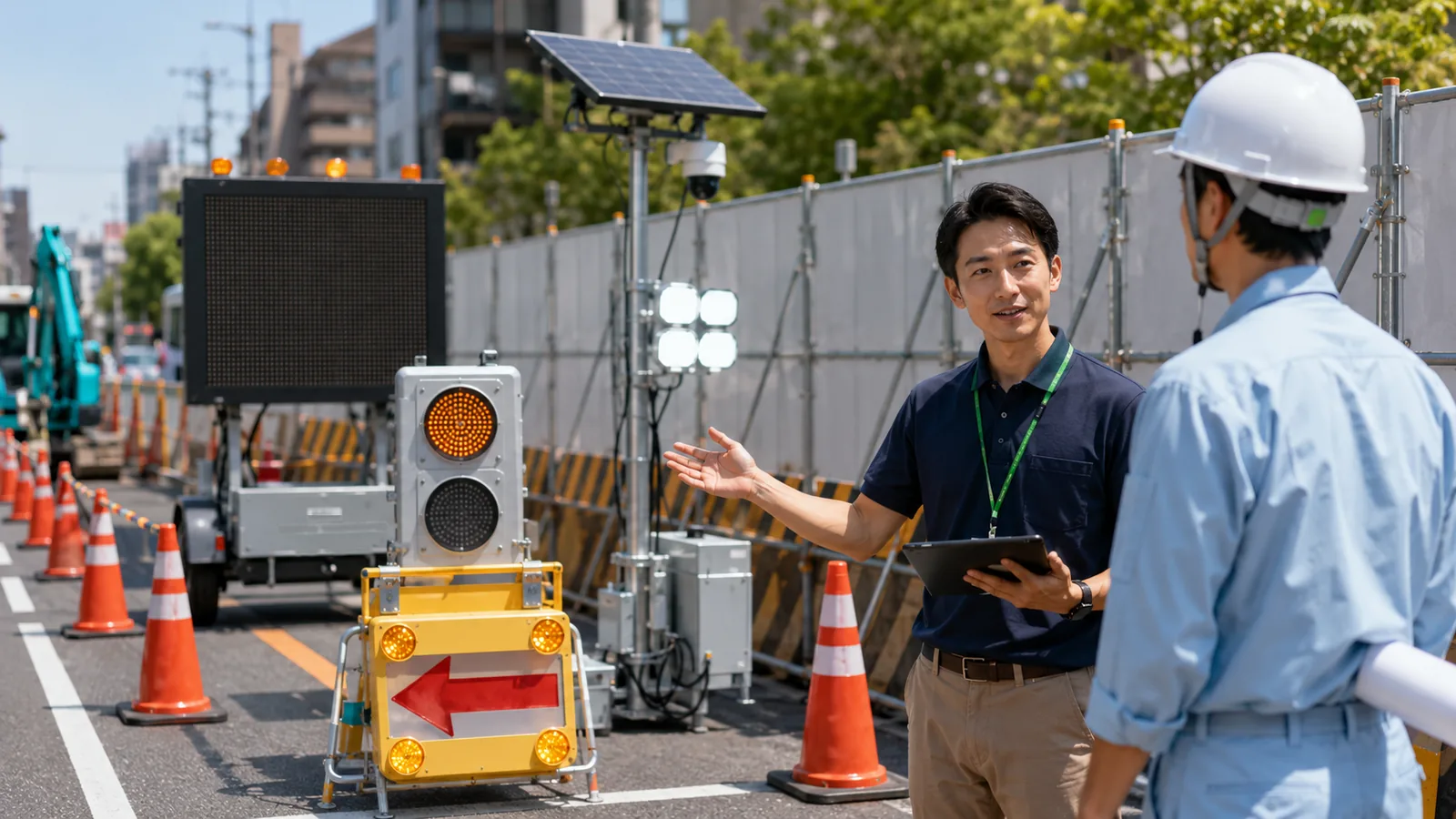 道路工事に必要なレンタル用品一式を現場で提案するイメージ