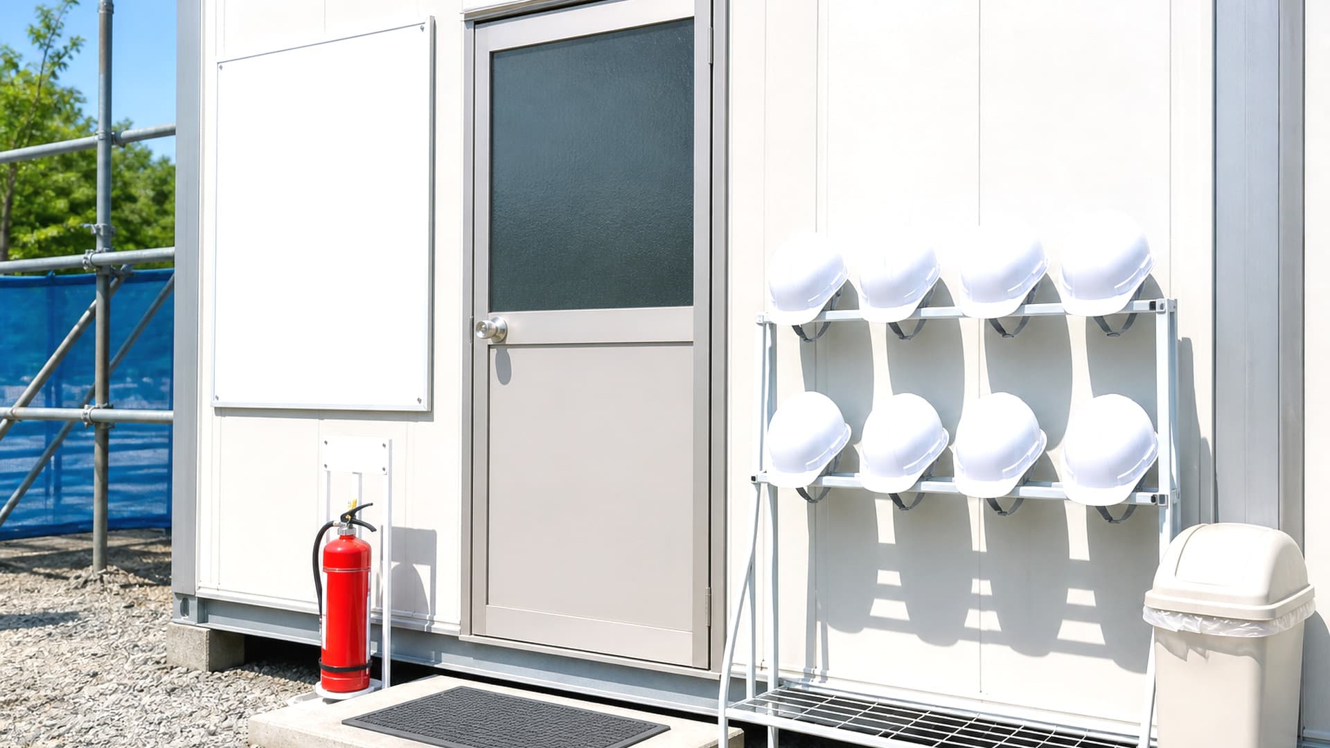 現場事務所の前に消火器や掲示ボード、マットが整えられた工事現場