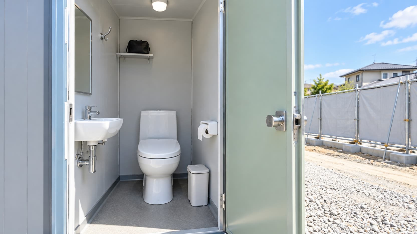 洋式便器、手洗い器、鏡、荷物棚、照明を備えた仮設トイレ内部のイメージ