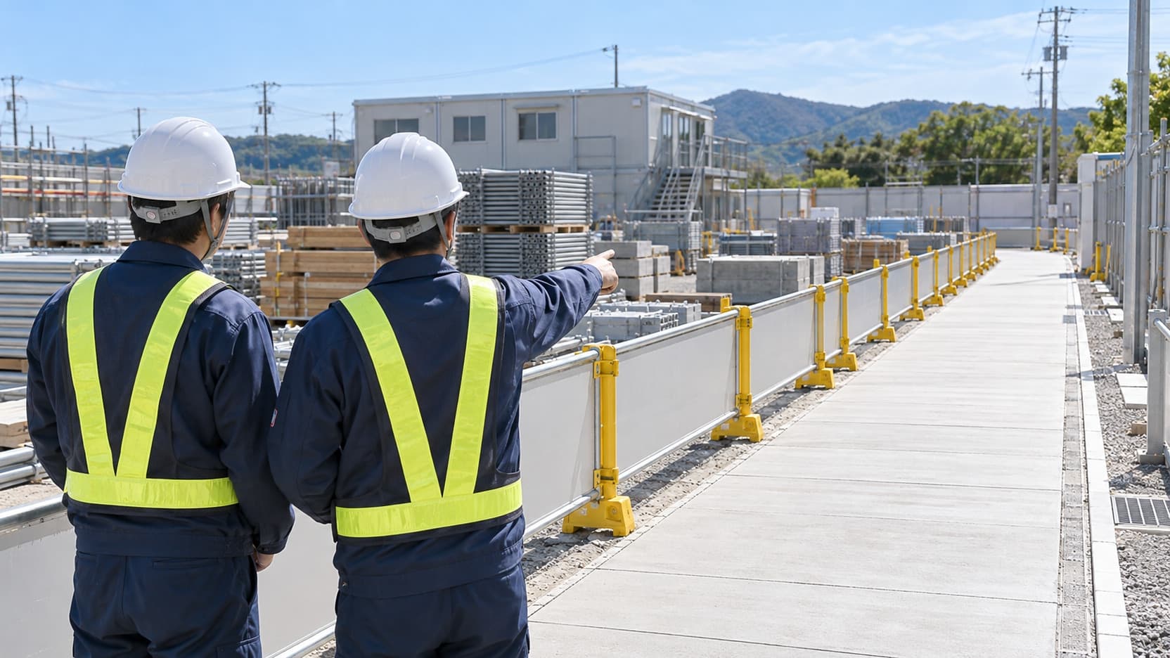現場の通路と資材置場の区分を、作業前に後ろ姿の作業員が確認するイメージ