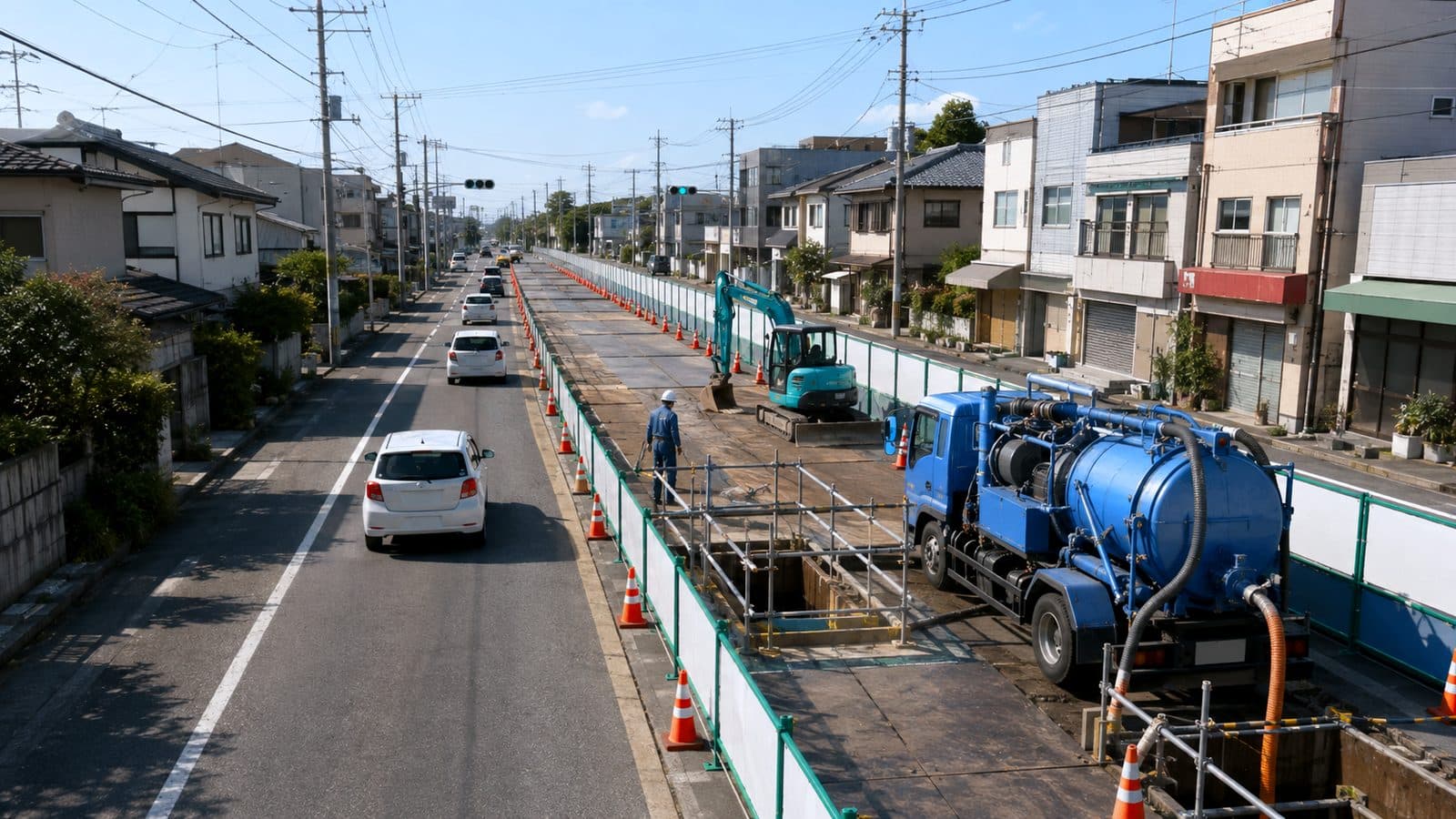 片側車線を規制して下水道の立坑工事を行っている市街地の道路のイメージ