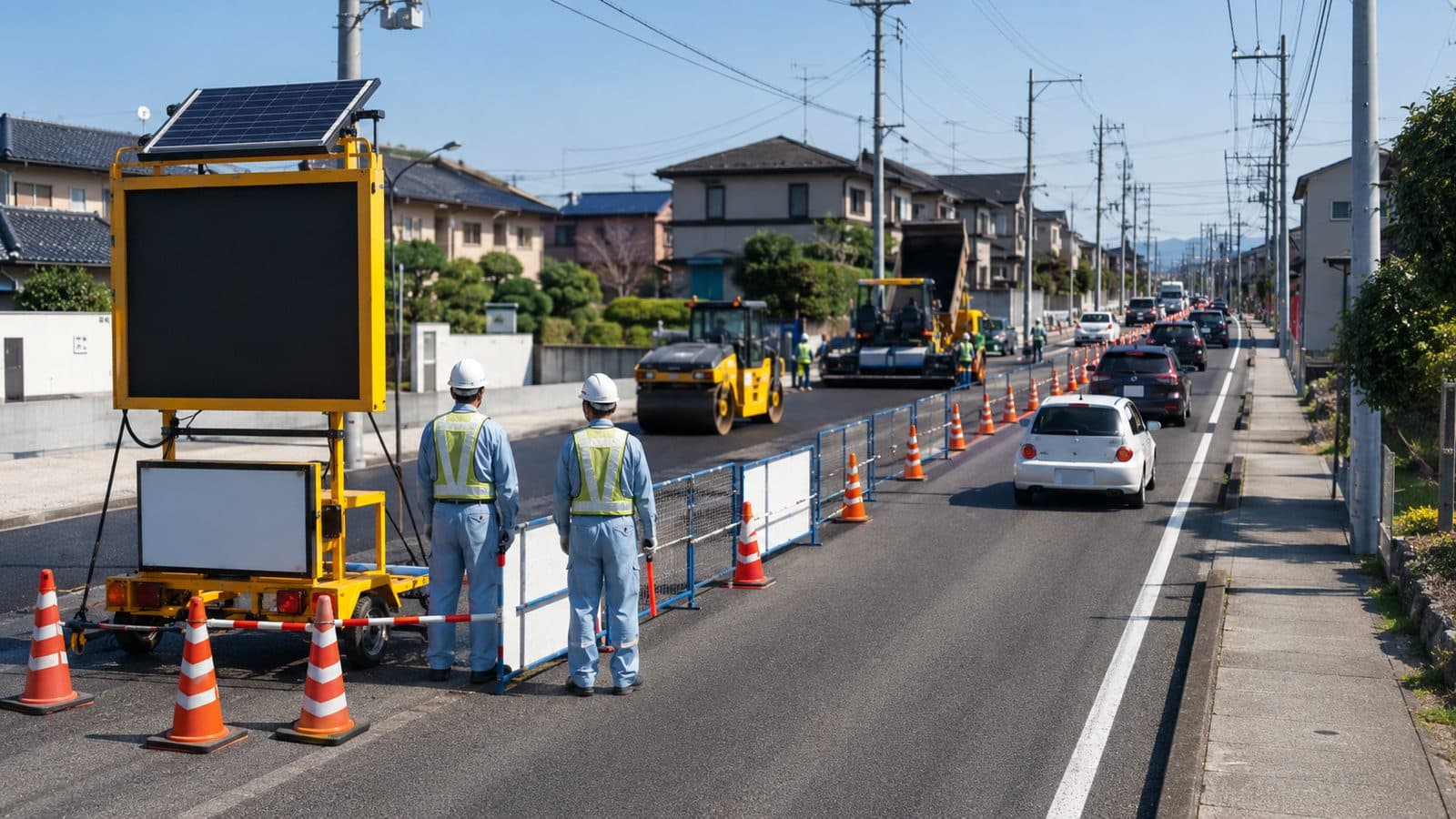 ソーラー式電光標示板とガードフェンスで車線を規制した昼間の道路舗装工事現場のイメージ