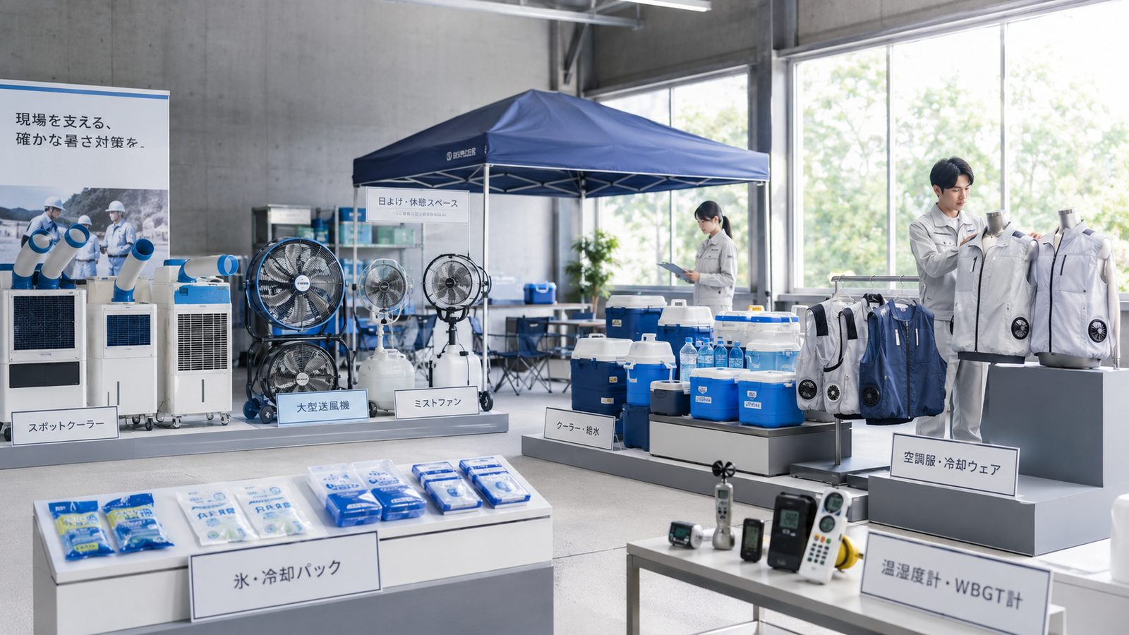 スポットクーラー・大型送風機・ミストファン・クーラー・空調服・冷却パック・WBGT計など、暑さ対策用品を種類ごとに並べた様子