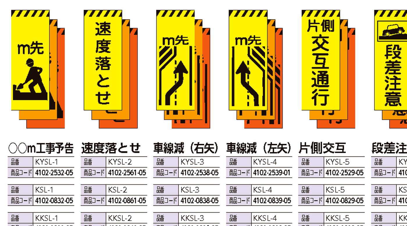 蛍光イエロー・オレンジの高輝度プリズム工事看板（工事予告・速度落とせ・車線減少・片側交互 ほか）